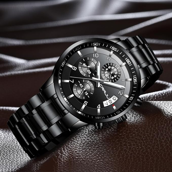 CRRJU Men's Fashion Stainless Steel Watches Date Waterproof Chronograph Wristwatches,Black Steel Band Waterproof Quartz Watch for Men