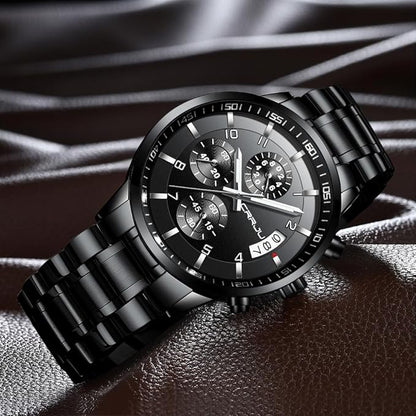 CRRJU Men's Fashion Stainless Steel Watches Date Waterproof Chronograph Wristwatches,Black Steel Band Waterproof Quartz Watch for Men