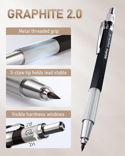Nicpro 30PCS Art Mechanical Pencil Set in Leather Case, Metal Drafting Pencil 0.5 mm, 0.7 mm, 0.9 mm & 3 PCS 2mm Lead Holders for Sketching Drawing With 16 Tube (6B 4B 2B HB 2H 4H Colors) Lead Refills
