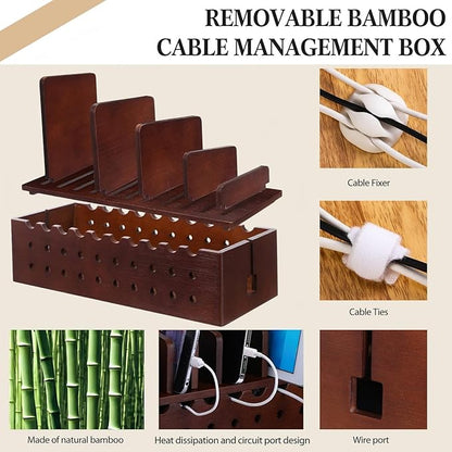 Bamboo Charging Station for Multiple Devices, Cell Phone Docking Charging Station Organizer and Cord Organizer for 10 Devices for Power Strip Storage, Phones and Tablets(Brown)