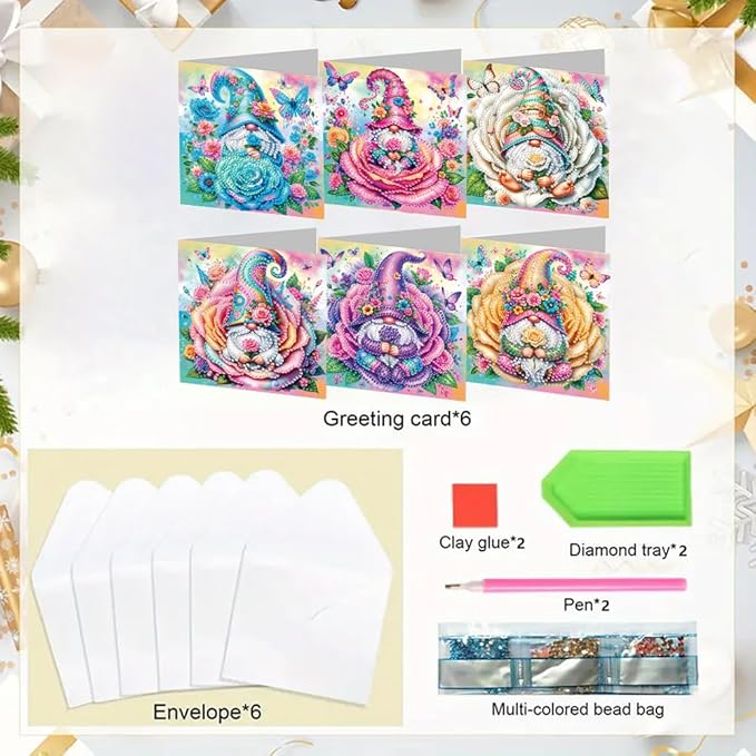 6PCS Diamond Art Painting Greeting Cards,Happy Birthday Cards with Envelopes,DIY Card Making Kits Thank You Card Arts Crafts for Birthday(Gnome)