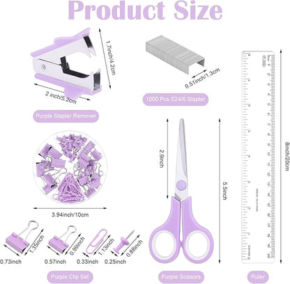 Purple Mesh Desk Organizer and Accessories, Purple Office Supplies 7 Compartments Desk Organizer with Stapler,Tape Dispenser,1000 Staples,Pen Holder,Staple Remover,Clips,Ruler,Scissors