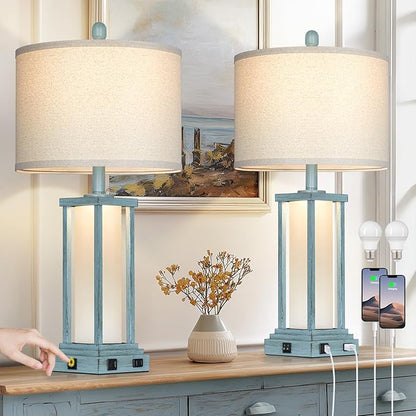 27" Tall Vintage Table Lamp Set of 2 with USB C+A & Outlet,Nightstand Lamp for Living Room,Coastal Bedside Lamps with Frosted Glass Night Light for Bedroom Entryway,Blue