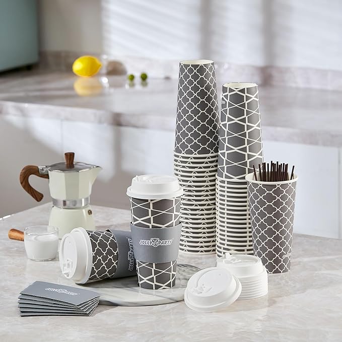 JOLLY PARTY [100 Sets] 20 oz Paper Coffee Cups, Disposable Coffee Cups with Lids,Sleeves and Straws, Hot Cold Beverage Drinking Cup for Water, Coffee or Tea, To-Go Cup Suitable for Office and Travel