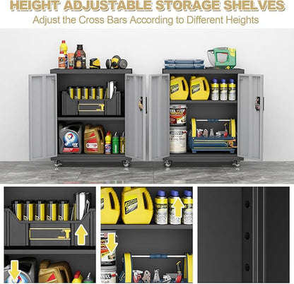 LUCYPAL Metal Storage Cabinet with Wheels,Garage Storage Cabinets with Locking Doors and Adjustable Shelves,Utility Tool Cabinet for Office,Home,Garage,Classroom,Black+Grey