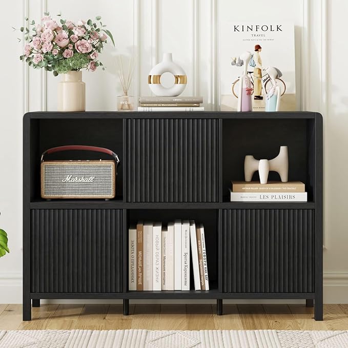 FATORRI 6 Cube Storage Organizer, Horizontal Bookcase with 3 Doors, Low Wood Bookshelf for Home Office, Bedroom, Living Room (Black)