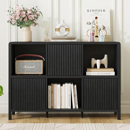 FATORRI 6 Cube Storage Organizer, Horizontal Bookcase with 3 Doors, Low Wood Bookshelf for Home Office, Bedroom, Living Room (Black)