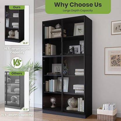 78.7" Display Cabinet with 4 Glass Doors, 5 -Tier Storage Cabinet with LED Lights, Tall Black Bookcase with Storage, Wooden Display Case for Collectible, Living Room, Office(Black)