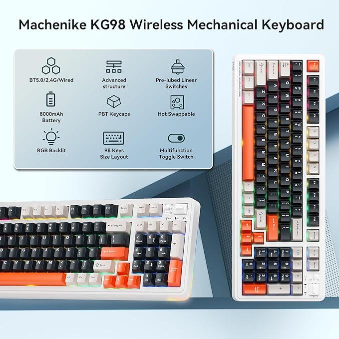 Machenike KG98 Mechanical Keyboard,Hot Swappable Custom Gaming Keyboard,Pre-lubed Linear Switches,RGB Sidelit,Tri-Mode 98 Keys Compact Layout for Gaming/Typing/Win/Mac/PC