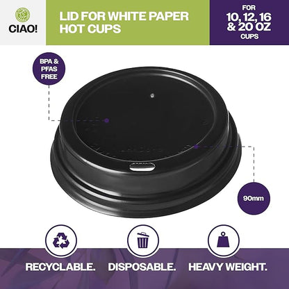 CIAO! 10-24 oz. (90mm) Coffee Cup Sipper Black Dome Lid, 1,000 Count