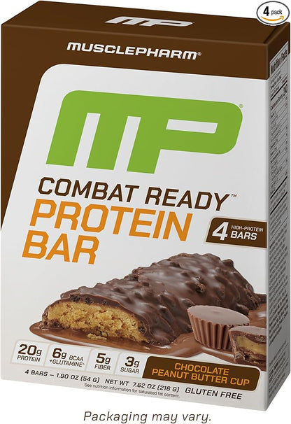 MusclePharm Combat Ready Chocolate Peanut Butter Cup, High Protein Bars, Combat Cravings, Fuel Performance & Meet Energy Demands, 20g Protein from Whey Protein, 5g Fiber, Gluten Free, 4 Bars