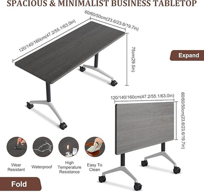 Folding Conference Table Modern Large Mobile Meeting Table Rolling Conference Room Tables with Wheels Seminar Tables for Office Training Classroom (4, Oak Grey, 55" D X 23.6" W X 29.5" H)