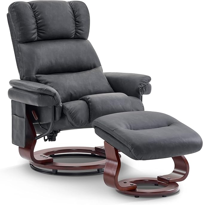 MCombo Swivel Recliners with Ottoman, Reclining TV Chairs with Vibration Massage, Faux Leather Ergonomic Lounge Chair for Living Room Bedroom 4832 (Dark Grey)