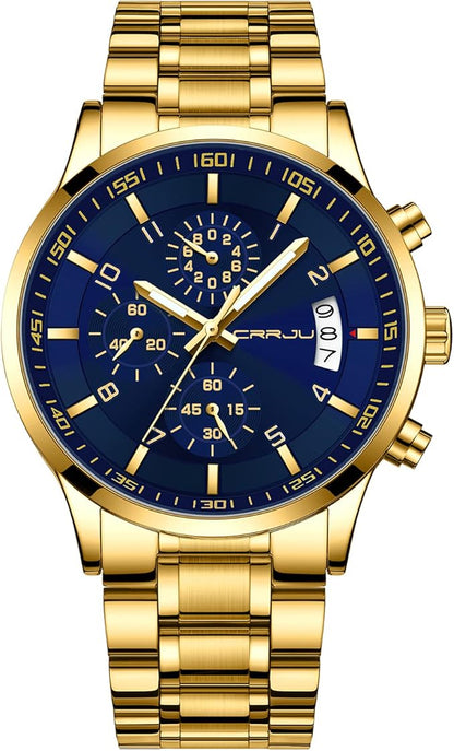 CRRJU Men's Fashion Stainless Steel Watches Date Waterproof Chronograph Wristwatches,Black Steel Band Waterproof Quartz Watch for Men