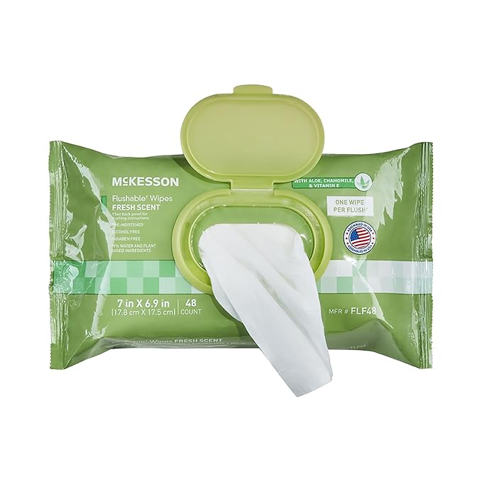 McKesson Flushable* Adult Wet Wipes – 48 Wipes (1 Pack of 48) – Aloe & Vitamin E, Plant-Based Cleansing Wipes, Scented