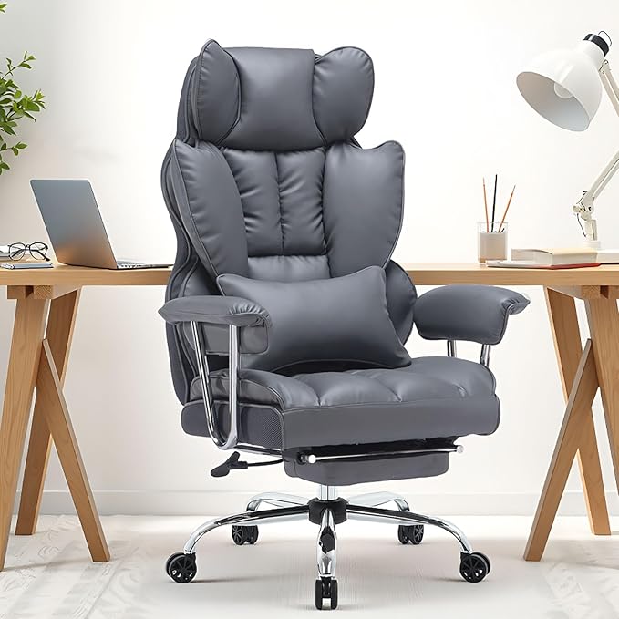 Efomao Big and Tall Office Chair 400lbs – PU Leather Executive Office Chair with Lumbar Support & Leg Rest, Heavy-Duty Computer Chair for Home Office, Dark Grey