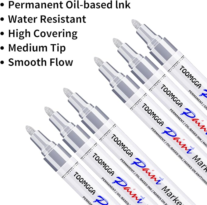 Silver Paint Pens Paint Markers - 6 Pack Permanent Markers Oil Based for Metal Wood, Pens for Metal, Car Tyre,Wood, Plastic, Rock Painting, Glass, Craft Supplies,Waterproof