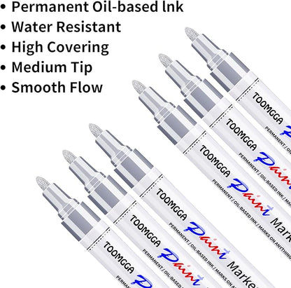 Silver Paint Pens Paint Markers - 6 Pack Permanent Markers Oil Based for Metal Wood, Pens for Metal, Car Tyre,Wood, Plastic, Rock Painting, Glass, Craft Supplies,Waterproof