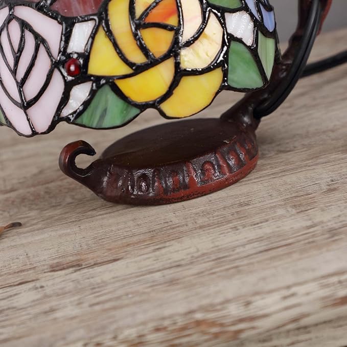 Bieye L10036 Rose Tiffany Style Stained Glass Table Lamp with 6-inch Wide Lampshade Hanging on The Cast Iron Base (Pink)