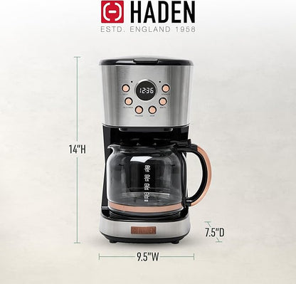Haden Coffee Machine, 12 Cup Programmable Drip Coffee Maker with Auto Shut-Off Function and Reusable Washable Water Filter, Steel & Copper