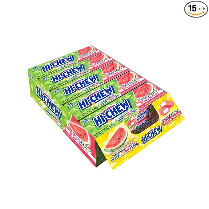 HI-CHEW Watermelon Sticks, 15-Pack, Soft & Chewy Candy, 1.76oz Each, Bulk Candy Individually Wrapped - Made with Immensely Juicy Fruity Flavors
