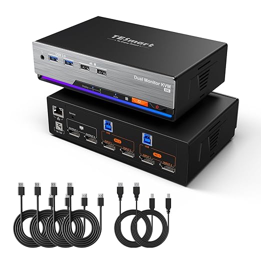 TESmart 8K@60Hz DP KVM Switch 2 Monitors 2 Computers EDID, DP 1.4 KVM Switch Dual Monitor 4K@144Hz for Gaming Dock, Support USB3.0, Gigabit Network, Hotkey Switch, Audio & Mic with All Input Cables