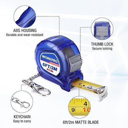WORKPRO Mini Tape Measure, 2 Pcs 6FT Retractable Easy Reading Keychain Tape Measurement, Inch/Metric Scale Pocket Size Small Tape Measure for Engineer, Portable, ABS Protective Casing, Blue