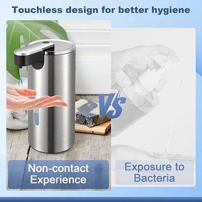 2 Pack Automatic Soap Dispenser Touchless, Stainless Steel Motion Sensor Pump 12oz - Hands-Free for Kitchen Bathroom Sink, Waterproof (Silver)
