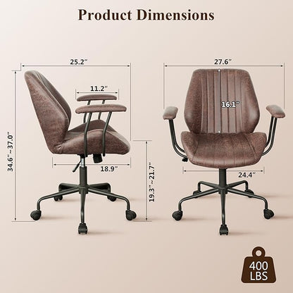 Mid Century Modren Office Chair,High Back Ergonomic Executive Chair with Lumbar Support, Computer Desk Swivel Task Chair with Wheels, Faux Lether Suede Fabric Home Chair (Dark Brown, Mid Back)