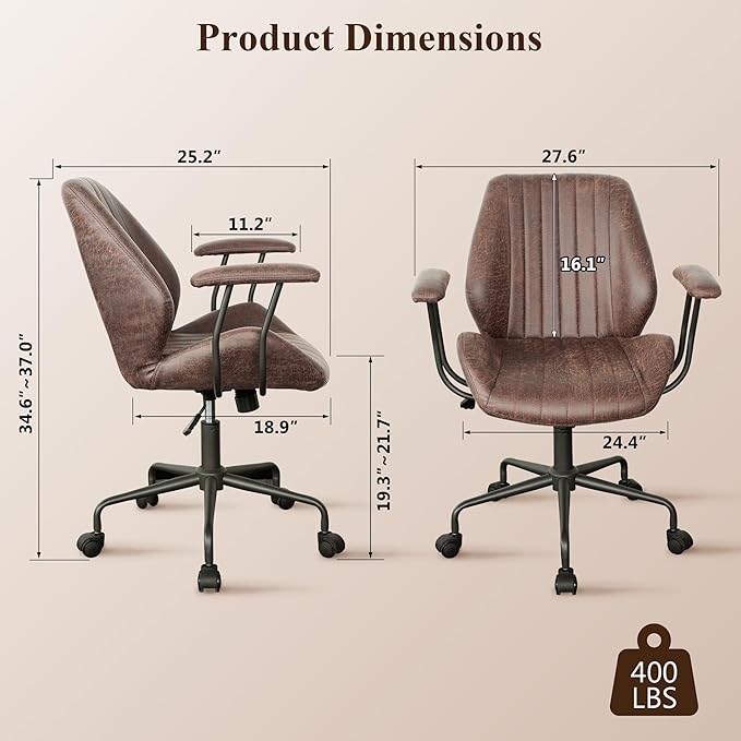 Mid Century Modren Office Chair - Fuax Leather Suede Brown Executive Chairs Ergonomic Mid Back with Lumbar Support, Swivel Computer Desk Task Chair with Wheels for Home Office (Dark Brown, Mid Back)