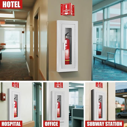 Fire Extinguisher Recessed Wall Cabinet, Galvanization Steel Fire Extinguisher Box with Magnetic Door, Suitable for 10 Lb Fire Extinguishers, Equipped Acrylic High-Position Sign (White)
