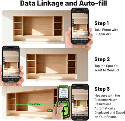 Laser Measuing Tool with Bluetooth APP, 200ft, ±1/16" High Accuracy, Huepar Rechargeable Green Beam Laser Distance Meter Multiple Measurement Modes, IP54 Durable for Home & Construction