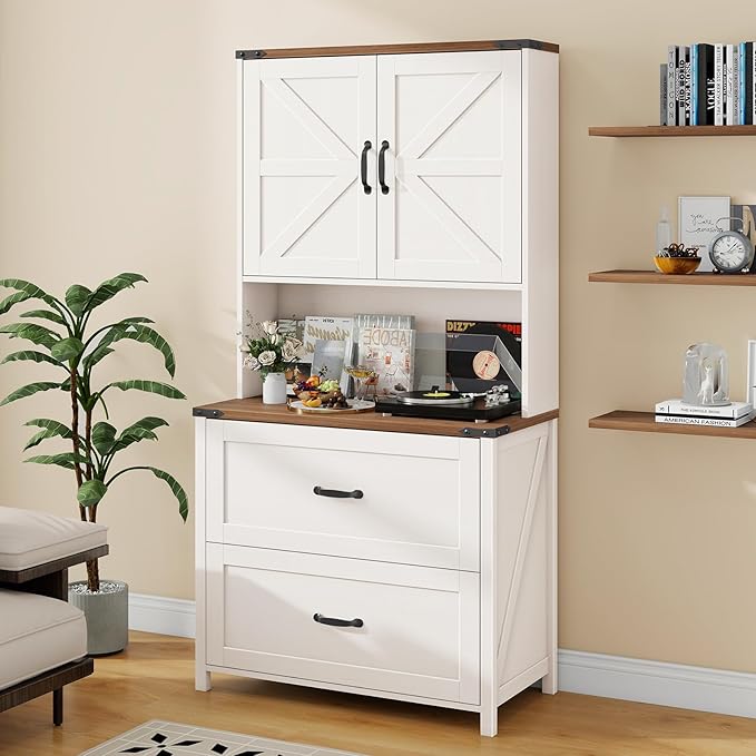 File Cabinet with 2 Drawer for Legal/Letter/A4 Size Hanging Files, Farmhouse Filing Cabinet with Adjustable Shelf, Large Wood File Cabinets for Home Office Printer Stand with Bookshelf, White