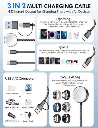 1Pack Multi Charging Cable Cord for Travel Essentials,Apple Watch Charger,iPhone Charger,[3-in-2] Type C/L Cable Portable Designed for iWatch,iPhone 17-8,Galaxy S25-21,AirPods,iPad-4FT Black