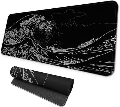 MAY FLOWER Large Gaming Mouse Pad, Full Keyboard Mat, Long Laptop Mousepad, Computer Mouse Mat for Home and Office, Anti-Slip Rubber Base, 31.5 x 11.8 Inches (Black Sea Wave)