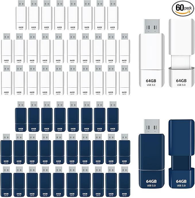 GIGASTONE 64GB Flash Drive (60 Pack) Z60NB USB 3.2 Gen 1, Ultra Fast, Retractable Capless Slider Design, Data Storage, Backup for PC/Mac/TV/Car Audio, USB 2.0/3.0/3.1 Compatible (Random Color)