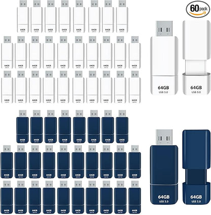 GIGASTONE 64GB Flash Drive (60 Pack) Z60NB USB 3.2 Gen 1, Ultra Fast, Retractable Capless Slider Design, Data Storage, Backup for PC/Mac/TV/Car Audio, USB 2.0/3.0/3.1 Compatible (Random Color)