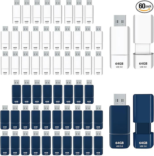 GIGASTONE 64GB Flash Drive (60 Pack) Z60NB USB 3.2 Gen 1, Ultra Fast, Retractable Capless Slider Design, Data Storage, Backup for PC/Mac/TV/Car Audio, USB 2.0/3.0/3.1 Compatible (Random Color)