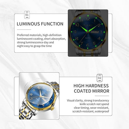 Stainless Steel Mens Watches with Day Date Quartz Analog Large Face Classic Watch Arabic Numerals Dress Luminous Rlojes para Hombres