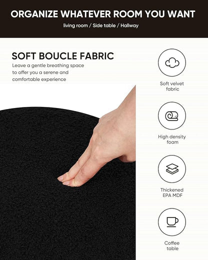 B FSOBEIIALEO Ottoman with Stroage, Round Boucle Storage Ottoman with Gold Plating Base,Foot Rest Stool for Dorm Room, Living Room Black, 16.73"x16.73"x17.72"