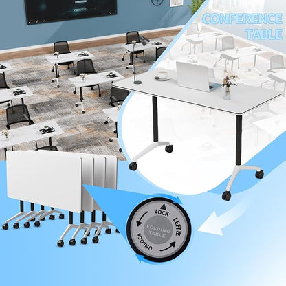 Conference Table, Foldable Conference Room Tables with Silent Wheels, Folding Modular Seminar Meeting Tables, Modern Rectangle Training Table for Office, Boardroom (2, White2, 55.1)