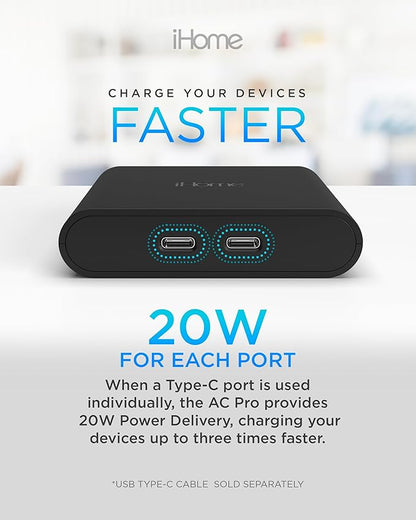 iHome Multiport 40W USB-C Charger, AC Pro 2-Port Flat Block, Dual Fast Charging Wall Adapter