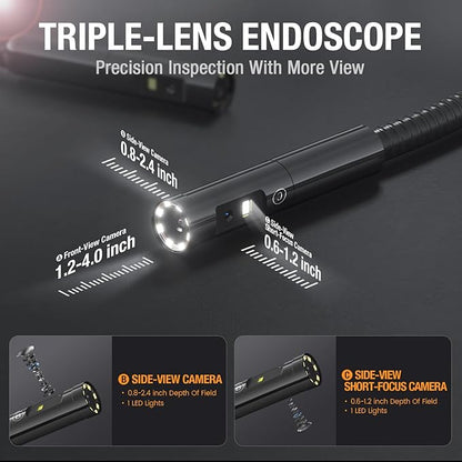 Triple Lens Borescope with 7" IPS Screen, Teslong 1080P HD Industrial Endoscope Inspection Camera with Light, 16.5FT Flexible Automotive Mechanic Scope Tool, Waterproof Pipe Snake Camera in Wall Cam