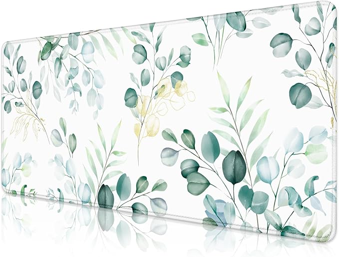 Gaming Mouse Pad for Computer,Large Mouse Pads for Desk Keyboard, Eucalyptus Plant Desk Mat Laptop,Cute Green Pattern Art XXL Waterproof Keyboard Pad,Extended Big Non-Slip Rubber Mousepad