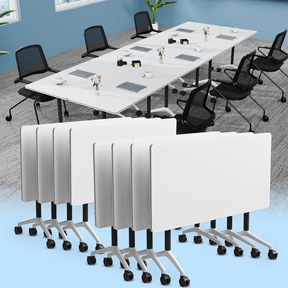Conference Table, Foldable Conference Room Tables with Silent Wheels, Folding Modular Seminar Meeting Tables, Modern Rectangle Training Table for Office, Boardroom (8, White2, 55.1)