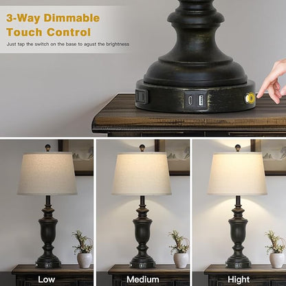 26" Black Table Lamps Set of 2 with USB C+A Ports & AC Outlet for Farmohouse Living Room Retro Bedroom,3-Way Dimmable Touch Lamp Resin Bedside Lamps for Nightstand Side End Table,Black