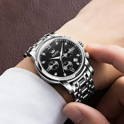 OLEVS Men's Stainless Steel Chronograph Watch, Big Face Gold Silver Black Tone Easy to Read Analog Quartz Watch, Luxury Waterproof Date Diamond Roman Arabic Numerals Dial Dress Watch for Men