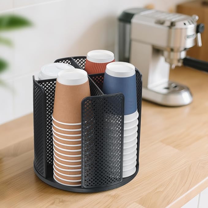 Cup and Lid Organizer, 360° Rotatable Coffee Cup Holder for Disposable Plastic and Paper Cups of 5 to 16 oz, 4 Compartments Detachable Countertop Cup Dispenser Coffee Station, Black