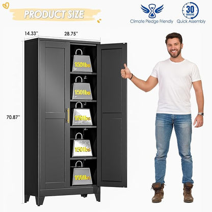 71" Tall Metal Storage Cabinet with 2 Doors and 4 Adjustable Shelves, Kitchen Pantry Cabinet Black Freestanding Cupboard, 5 Tier Multifunctional Steel Storage for Office, Kitchen, Dining Room