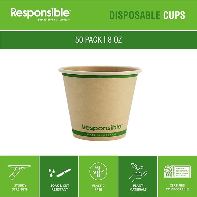 Responsible Products Certified Compostable 8 oz Paper Cups, Cold ＆ Hot Coffee Cups, Disposable Paper Cups, Extra Strength Disposable Cups, Made without PFAS (50 count)